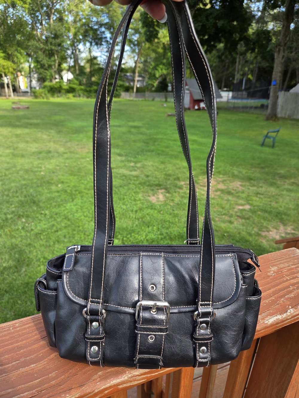 Black Leather Shoulder Bag with Buckle Detail